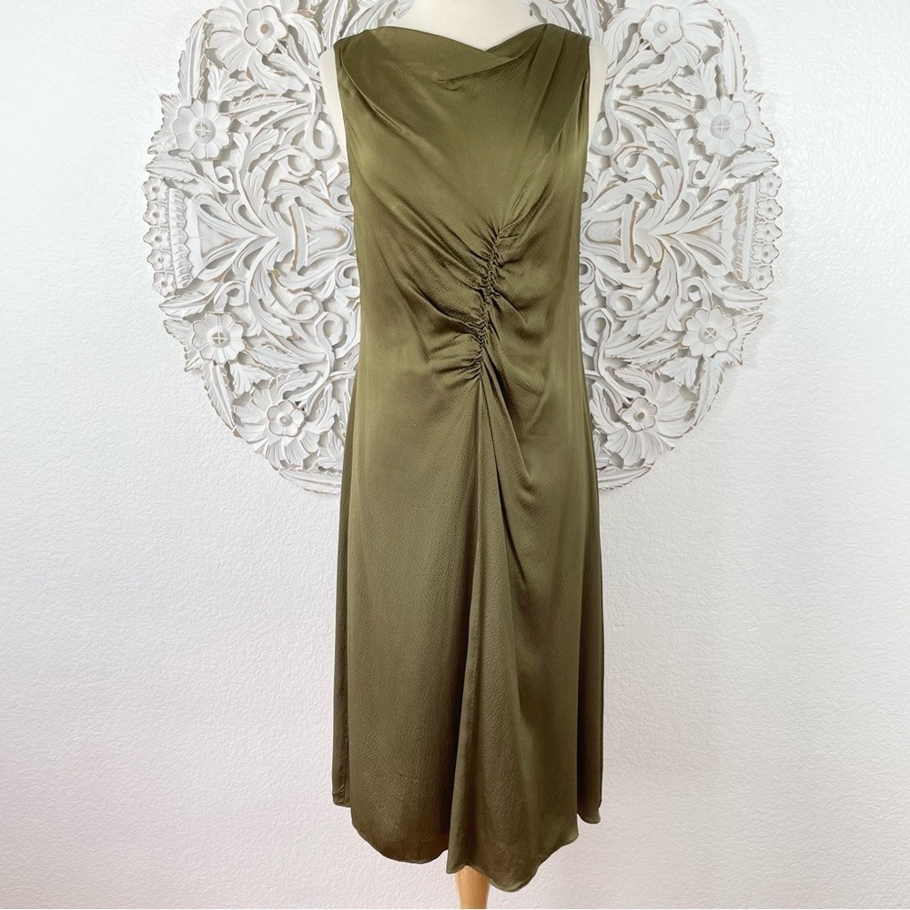 {Lewit} Olive Green Ruched Cowl Neck Satin Shift Cocktail Dress, Size 4